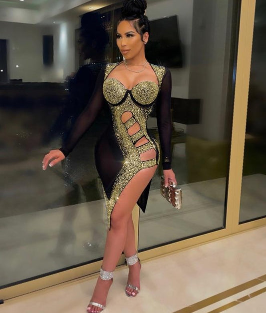 Sparkly Rhinestone Hollow High Split Dresses