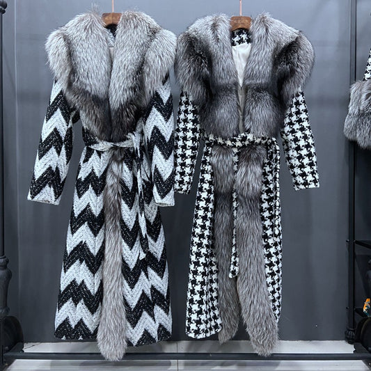 Real Silver Fox Fur Collar & Trim X-Long Pea Coats