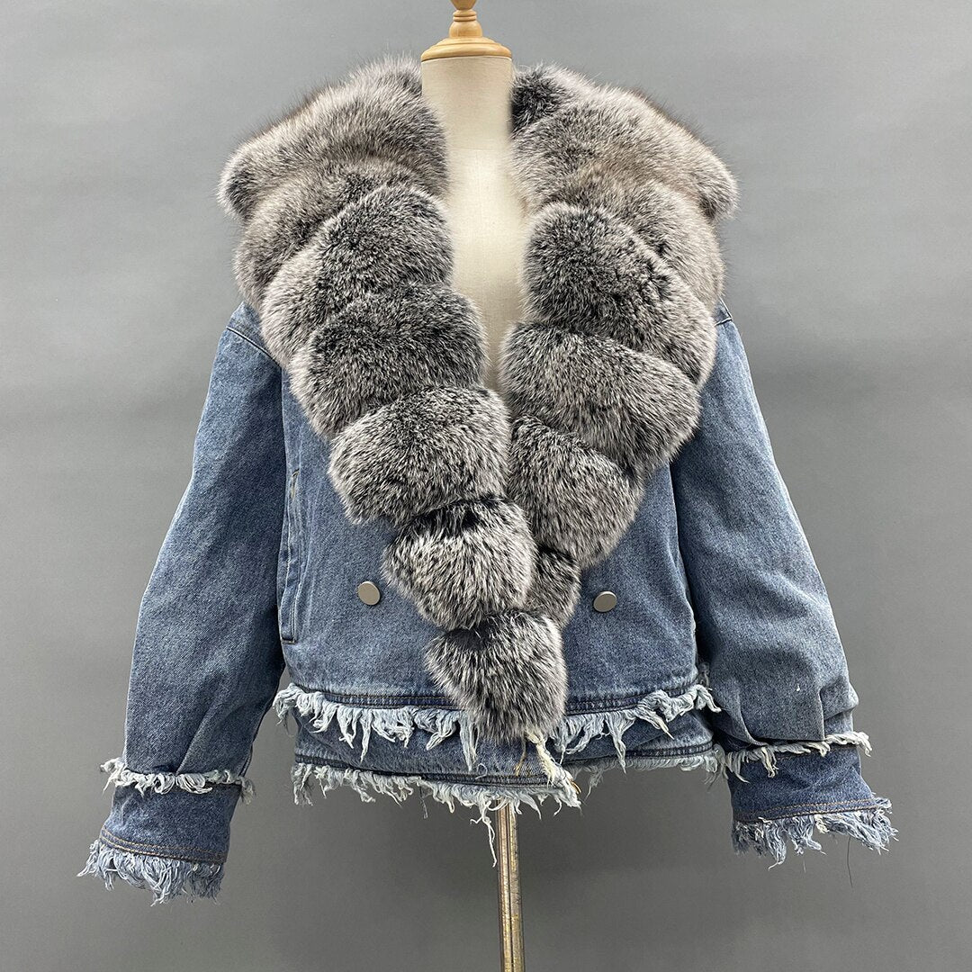 Duck Down Denim Real Fox Fur Collar Jackets