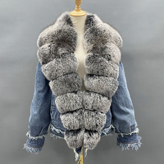 Duck Down Denim Real Fox Fur Collar Jackets