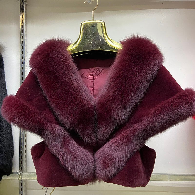 Genuine Rex Rabbit & Fox Fur Trim Shawl Wrap