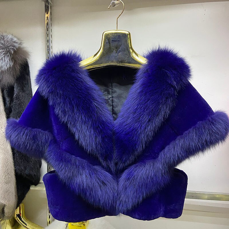 Genuine Rex Rabbit & Fox Fur Trim Shawl Wrap