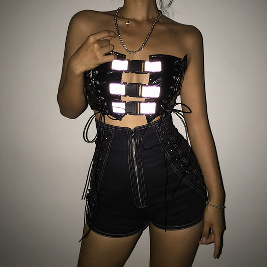 PU Leather Hollow Side Lace-up Crop Top
