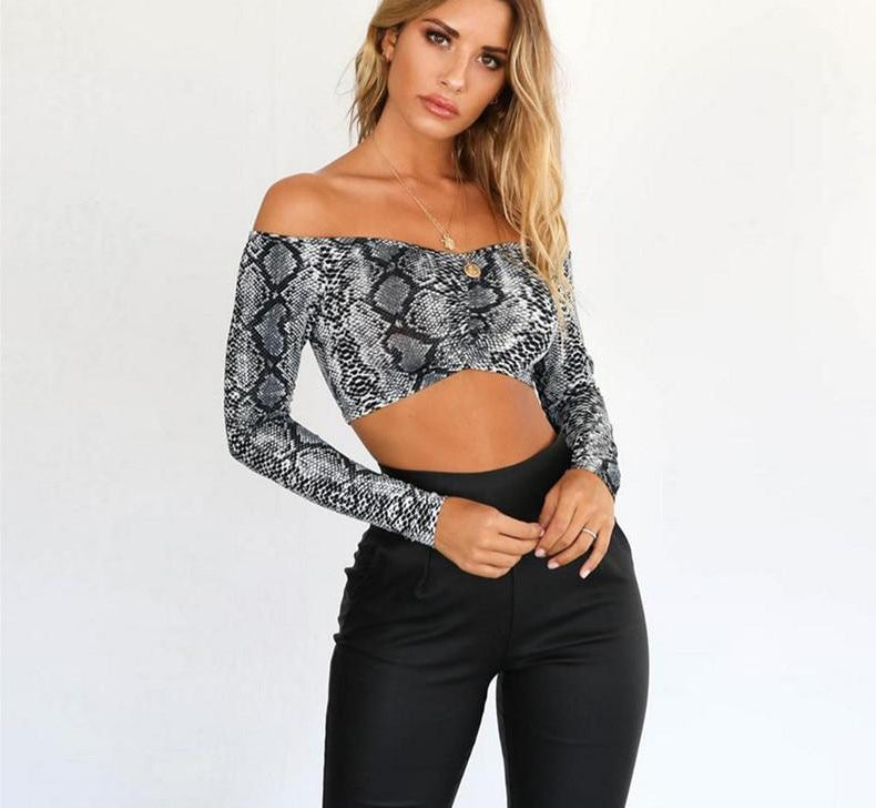 Snake Print Off Shoulder Long Sleeve Crop Top