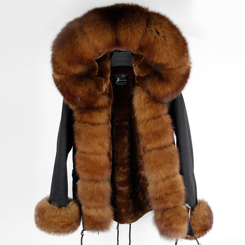 Real Fox Fur Collar and Hood Faux Fur Lining Coat