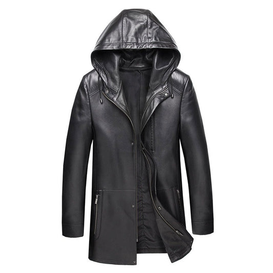 Genuine Leather Hooded Long Jacket