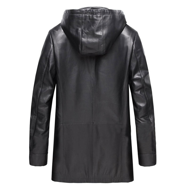 Genuine Leather Hooded Long Jacket