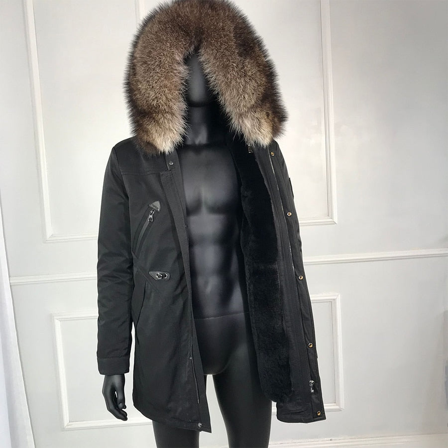 Black/Navy Real Fox Fur Parka Real Rabbit Fur Removable Lining Coats