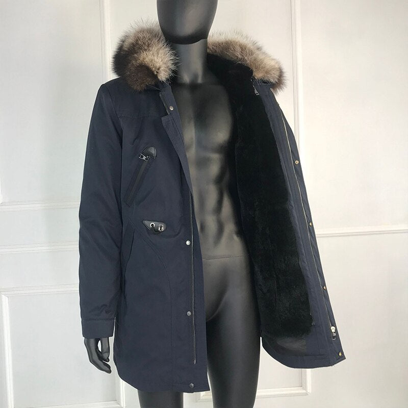 Black/Navy Real Fox Fur Parka Real Rabbit Fur Removable Lining Coats