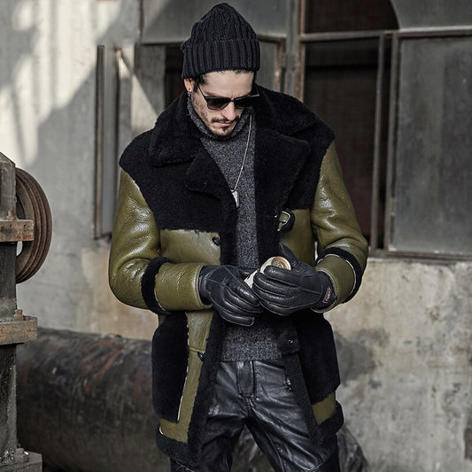 Genuine Leather Real Shearling Fur Lining/Trim/Shoulders/Pockets Mid Coat