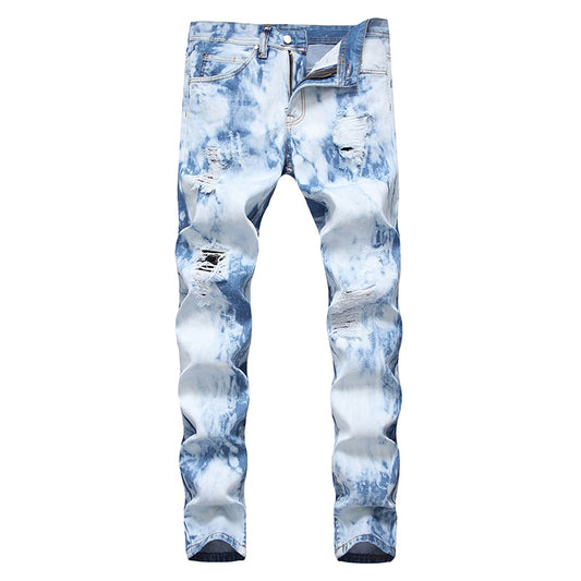 Light Blue Splash Dyed Ripped Straight Jeans