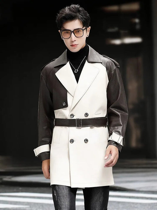 Genuine Leather Two Tone Double Breasted Trench Coat