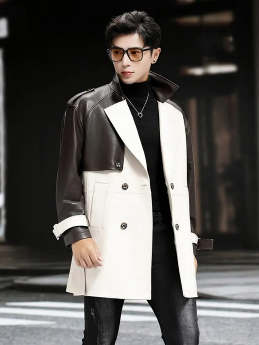 Genuine Leather Two Tone Double Breasted Trench Coat
