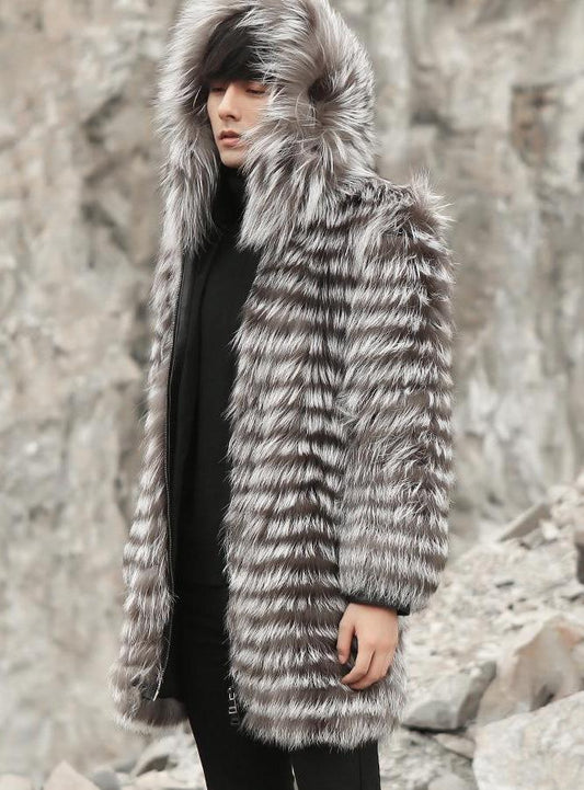 Real Fox Fur Hooded Striped Long Coats