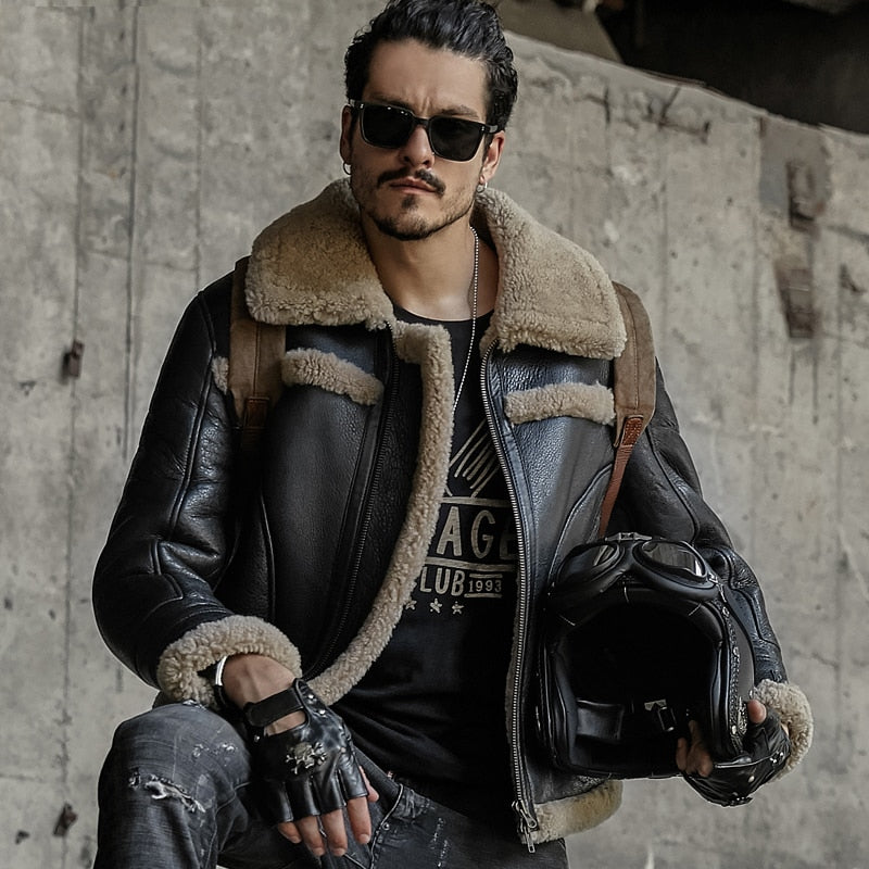 Genuine Leather With Shearling Fur Lining and Trim Aviator Jackets