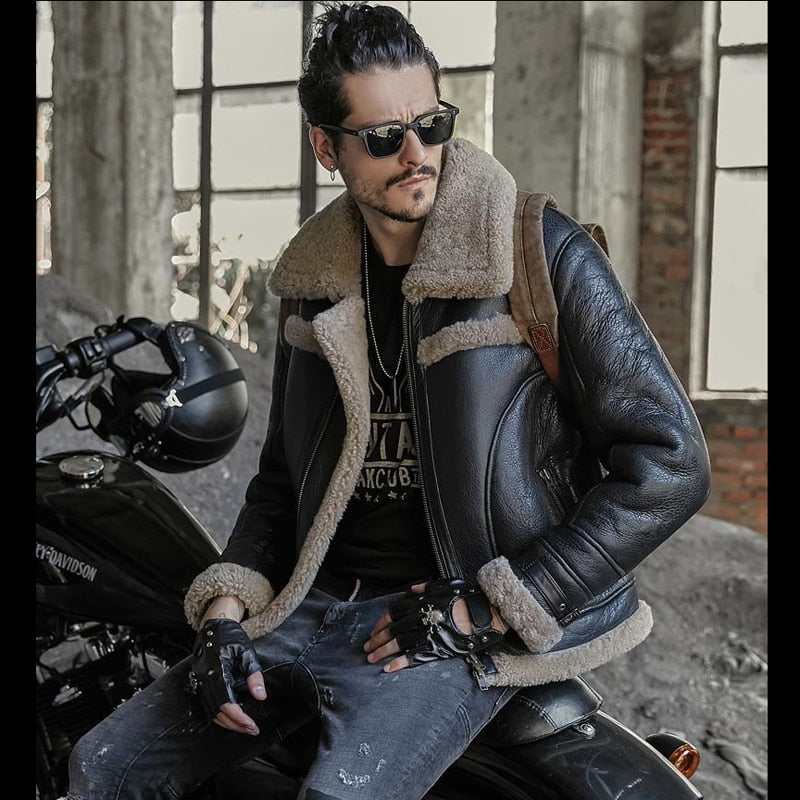 Genuine Leather With Shearling Fur Lining and Trim Aviator Jackets