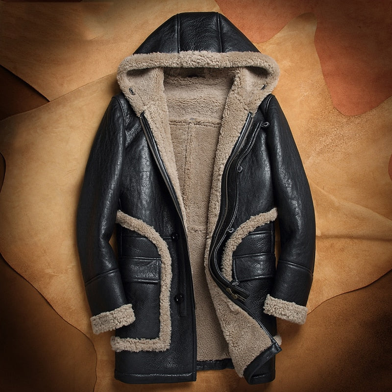 Genuine Leather Real Shearling Fur Lining/Trim Hooded Mid Coats
