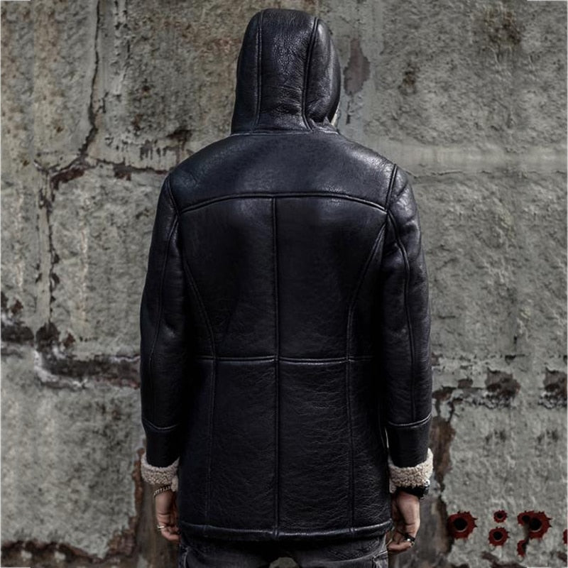 Genuine Leather Real Shearling Fur Lining/Trim Hooded Mid Coats