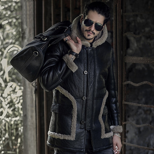 Genuine Leather Real Shearling Fur Lining/Trim Hooded Mid Coats