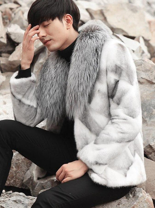 White Real Mink Fur with Real Fox Fur Thick Collar Coat