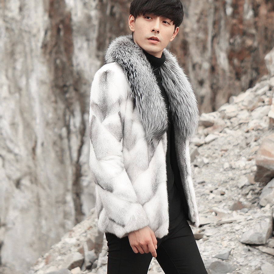 White Real Mink Fur with Real Fox Fur Thick Collar Coat