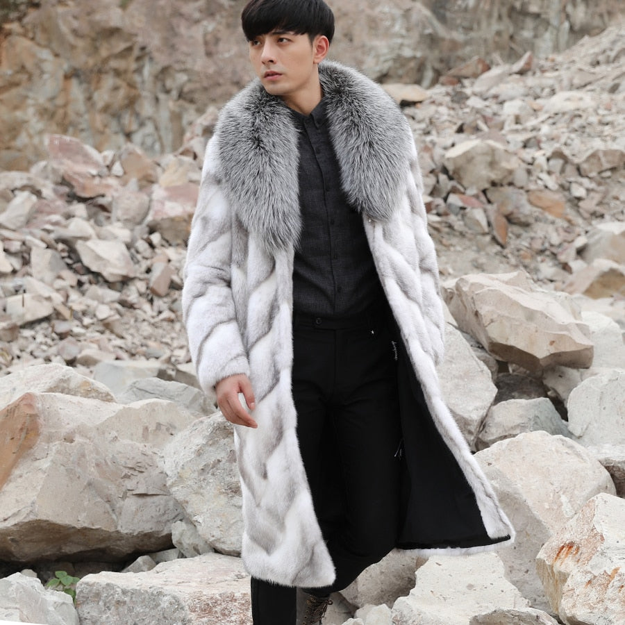 White Mink Fur Thick Real Fox Fur Collar Long Coats