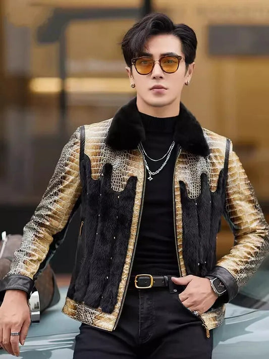 Genuine Leather Snake Pattern Real Mink Fur Coat