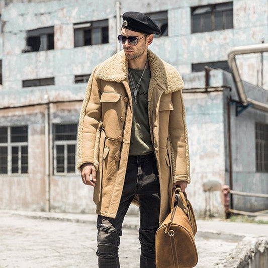 Khaki Genuine Leather Real Shearling Fur Lining/Belted Long Coats