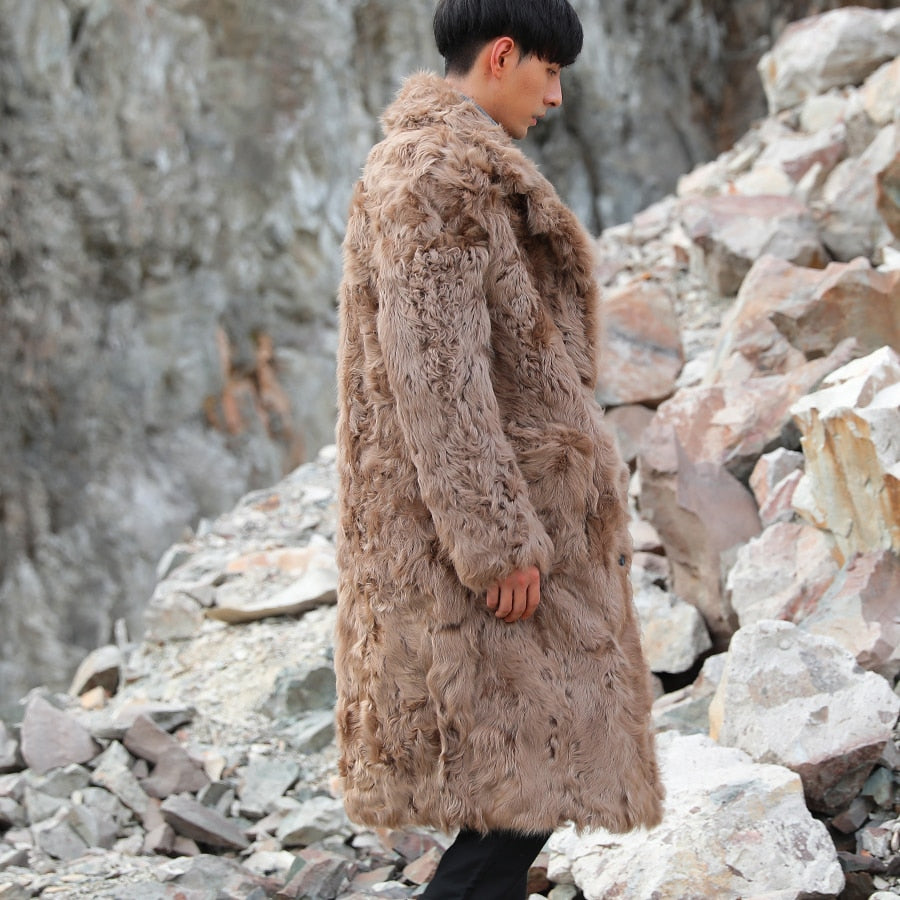 Brown Real Sheep Fur Turn-down Collar Coats