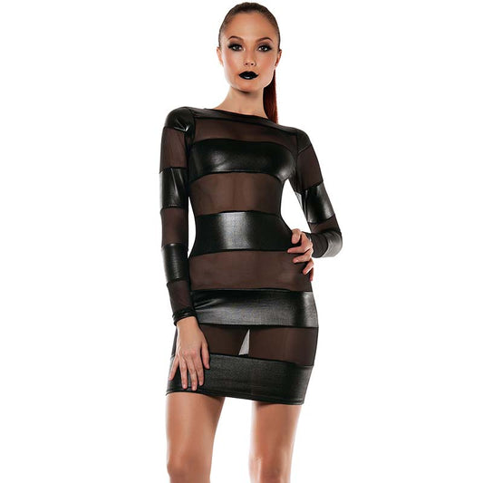 Mesh Blockwork Vinyl Black Dress Leather Bodycon Long Sleeve Dress