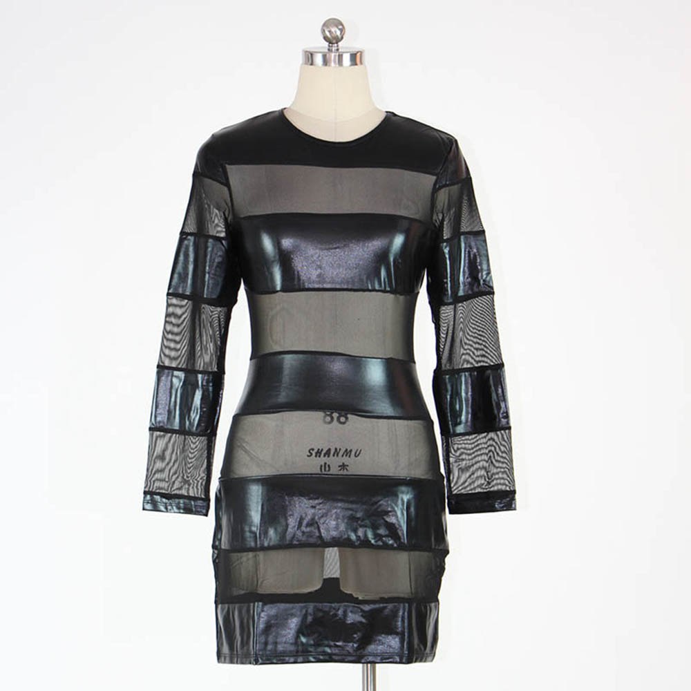 Mesh Blockwork Vinyl Black Dress Leather Bodycon Long Sleeve Dress
