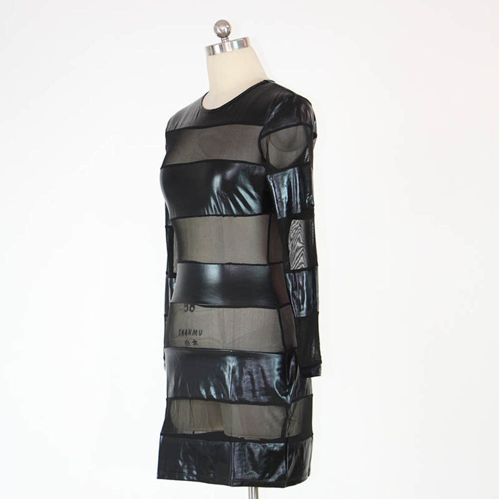Mesh Blockwork Vinyl Black Dress Leather Bodycon Long Sleeve Dress