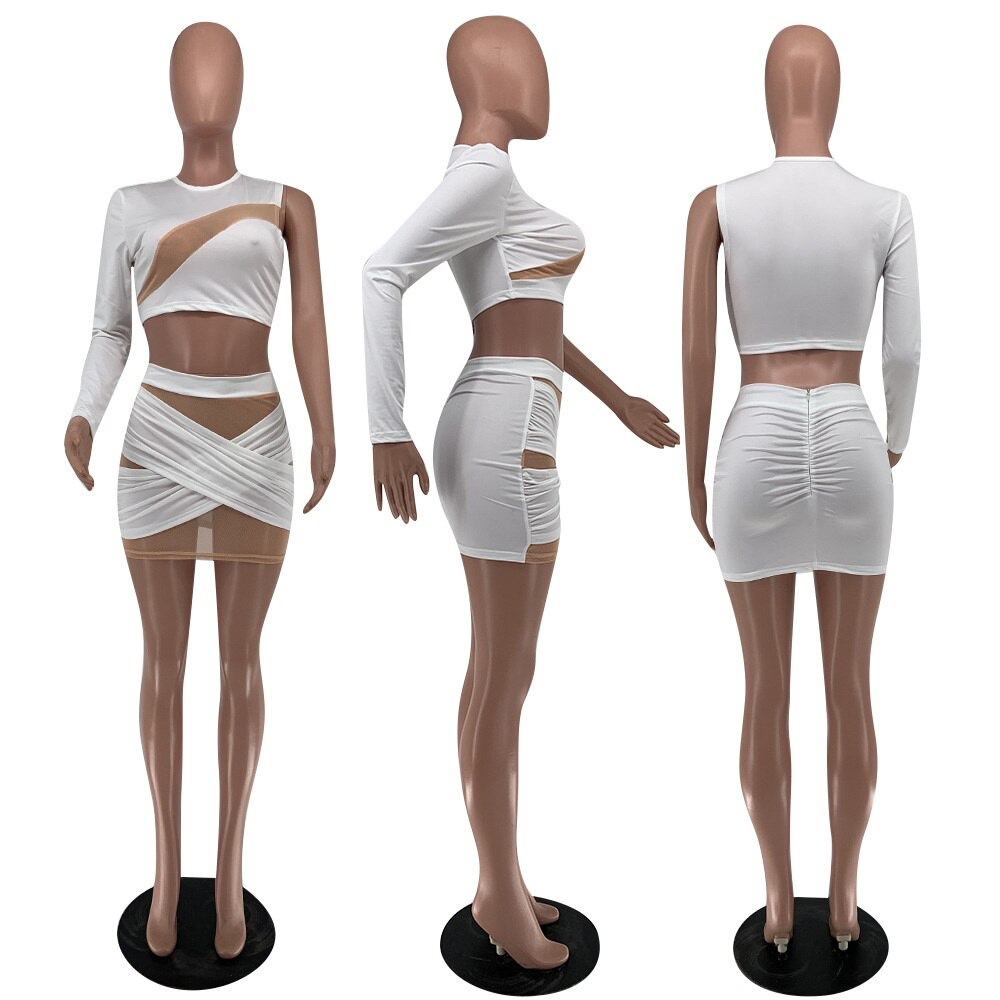 Mesh Hollow One Shoulder Crop & Bandage Mini Skirts