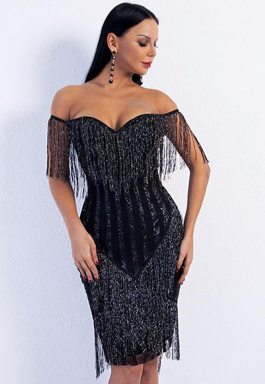 Off Shoulder Striped Glitter Tassel Dresses