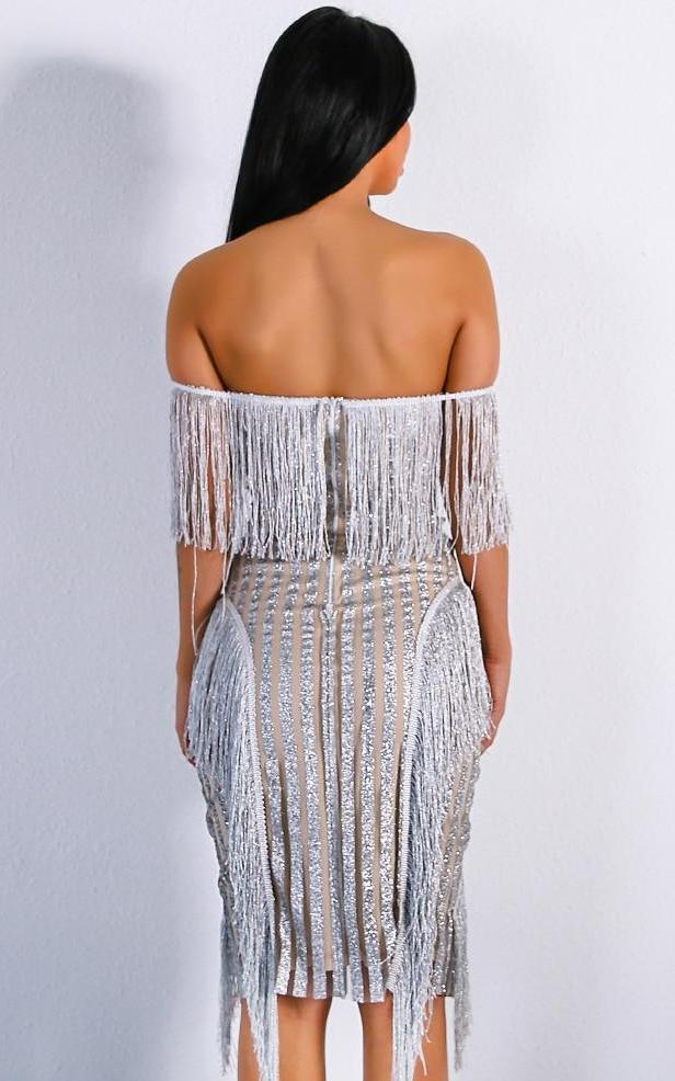 Off Shoulder Striped Glitter Tassel Dresses