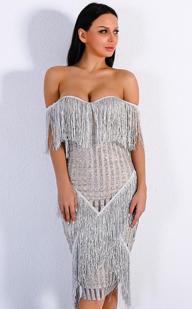 Off Shoulder Striped Glitter Tassel Dresses