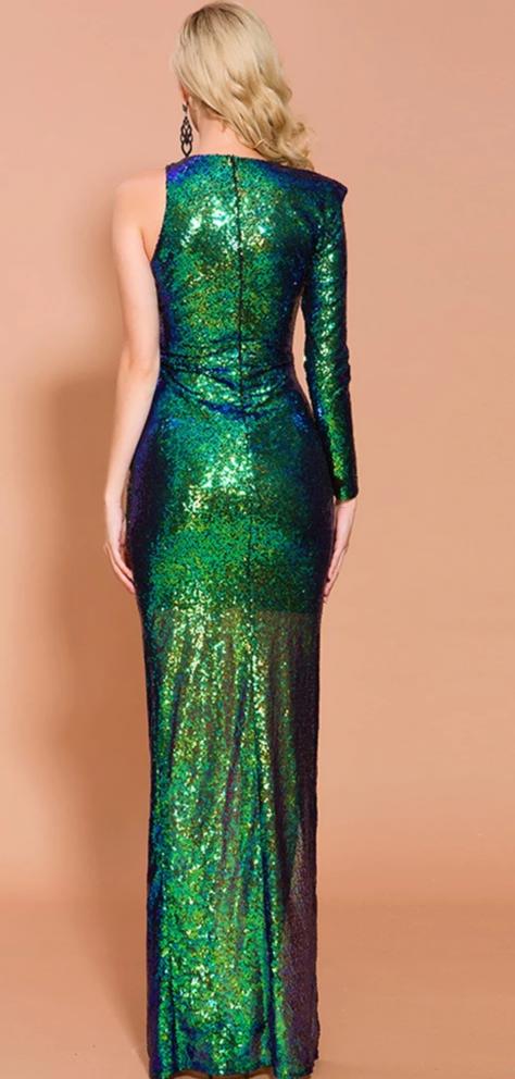 Green Irregular One Shoulder Sequin High Split Maxi Dress