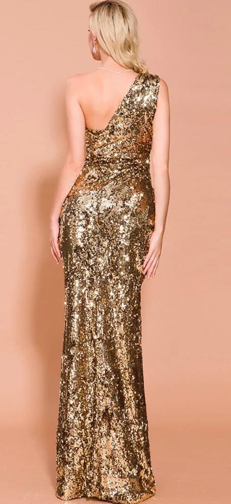 Gold Off Shoulder Backless High Split Sequin Maxi Dress