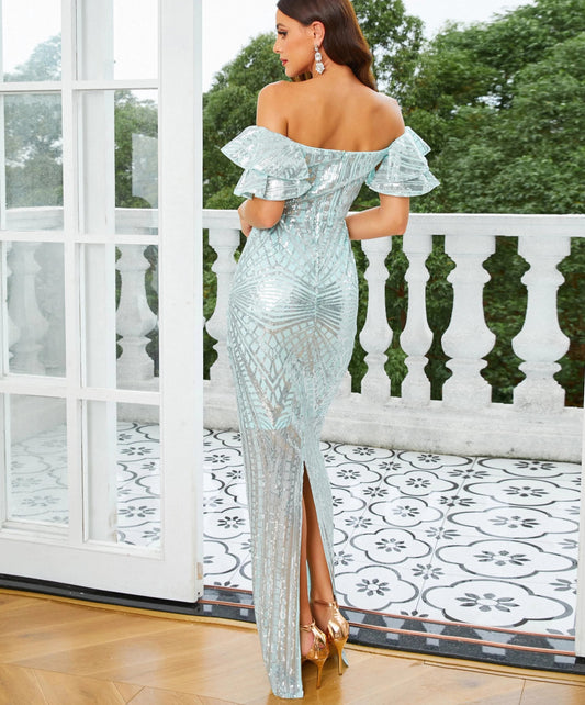 Off Shoulder Butterfly Sleeve Sequin Maxi Dresses