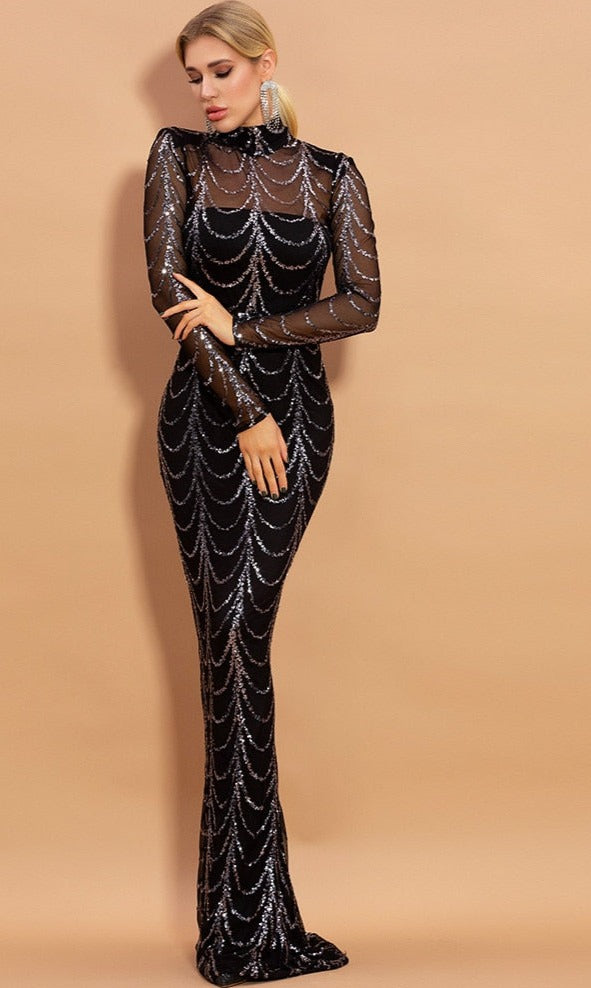 Black With Gold/Sliver Sequins Maxi Dresses