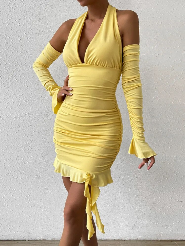 Yellow Ruffle Ruched Long Flare Mini Dress