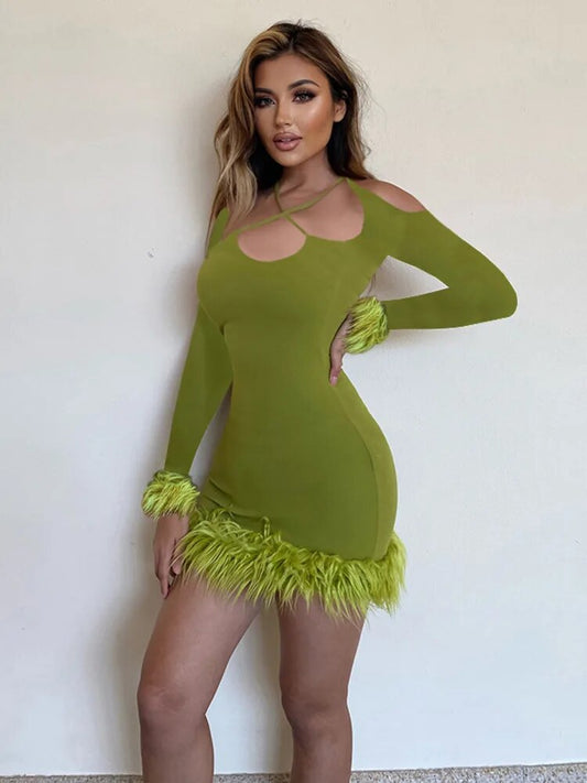 Feather Cuff Long Sleeve & Trim Mini Dresses
