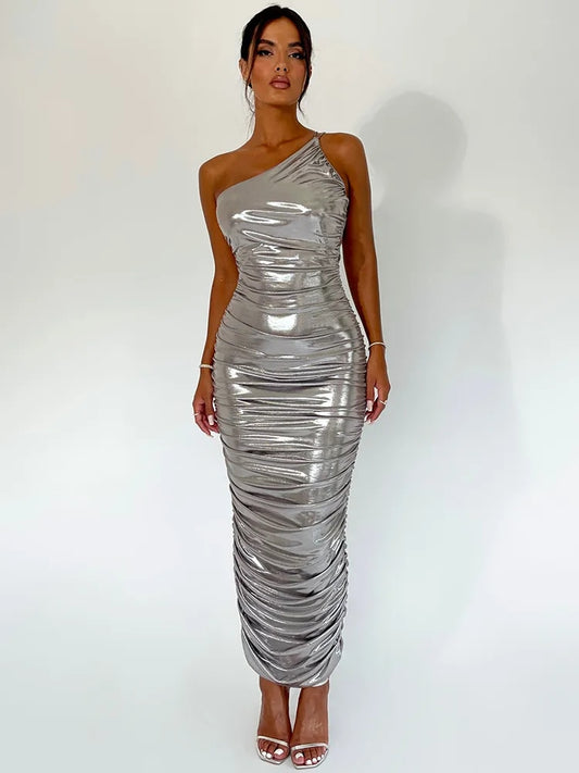 Metallic One Shoulder Ruched Maxi Dresses
