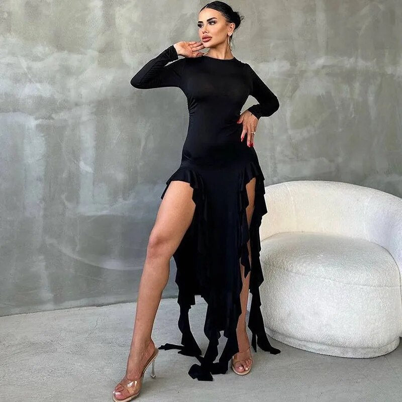 Long Sleeve Ruffle Thigh High Split Maxi Dresses