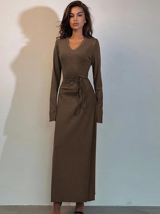Bell Long Sleeve Ribbed Bodycon Maxi Dresses