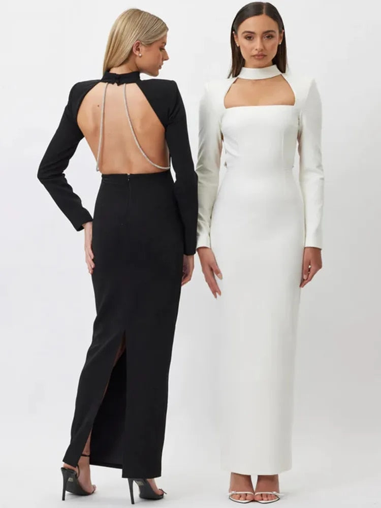 Sparkle Strap Backless Long Sleeve Maxi Dresses