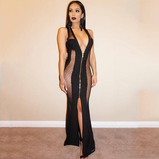 Sleeveless Deep-V Neck See through Mesh Maxi Dress