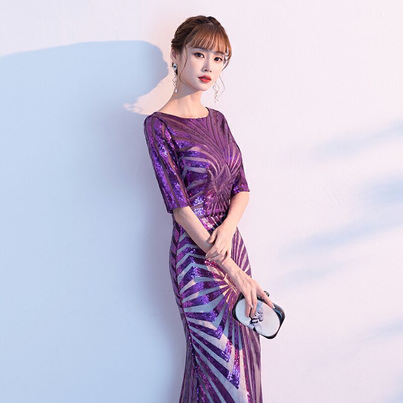 Purple Sequin Half Sleeves Maxi Dress