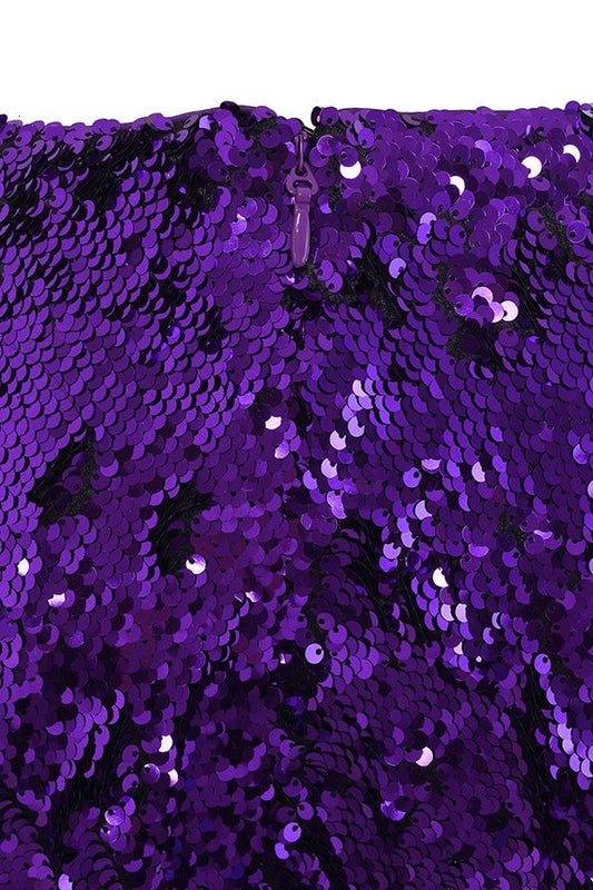 Purple Sequin Long Sleeve Wide V Bodycon Mini Dress