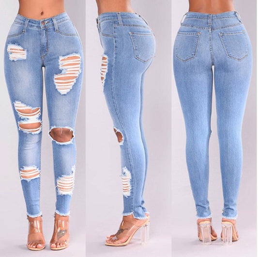 Light Blue High Waist Pencil Multi Ripped Jeans